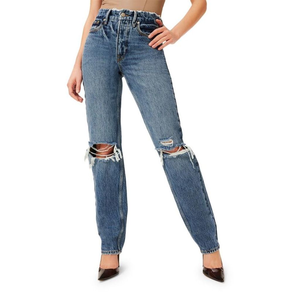 Good American Womens 90's Blue High Rise Destroyed Straight Leg Jeans NWT